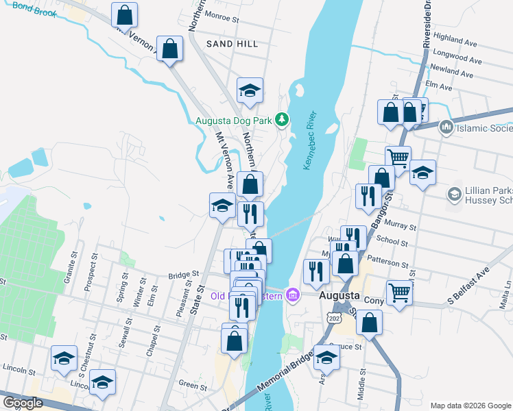 map of restaurants, bars, coffee shops, grocery stores, and more near 5 Water Street in Augusta