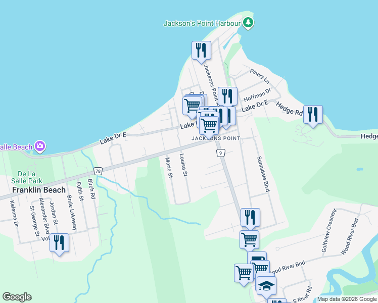 map of restaurants, bars, coffee shops, grocery stores, and more near 2081 Metro Road North in Georgina