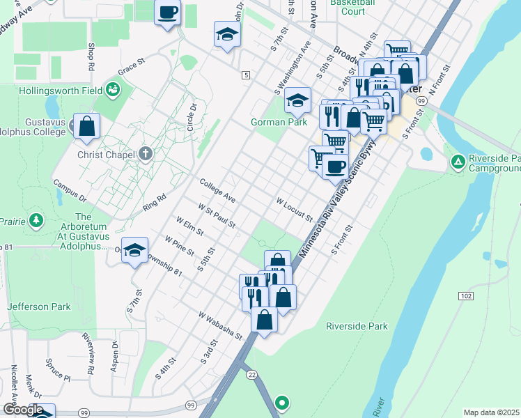 map of restaurants, bars, coffee shops, grocery stores, and more near 822 South 4th Street in Saint Peter