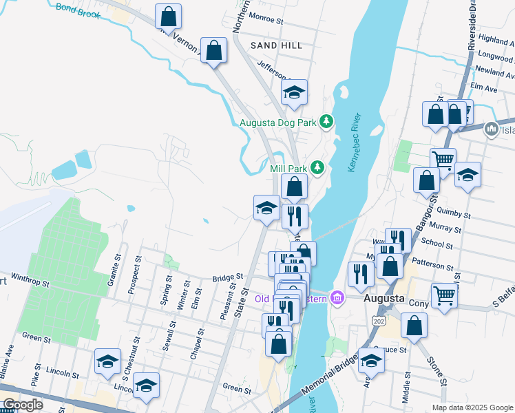 map of restaurants, bars, coffee shops, grocery stores, and more near 2 State Street in Augusta