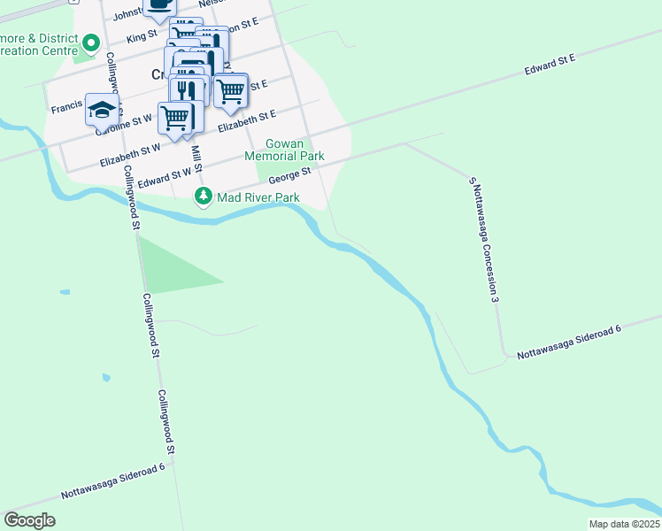 map of restaurants, bars, coffee shops, grocery stores, and more near 78 Mary Street in Creemore