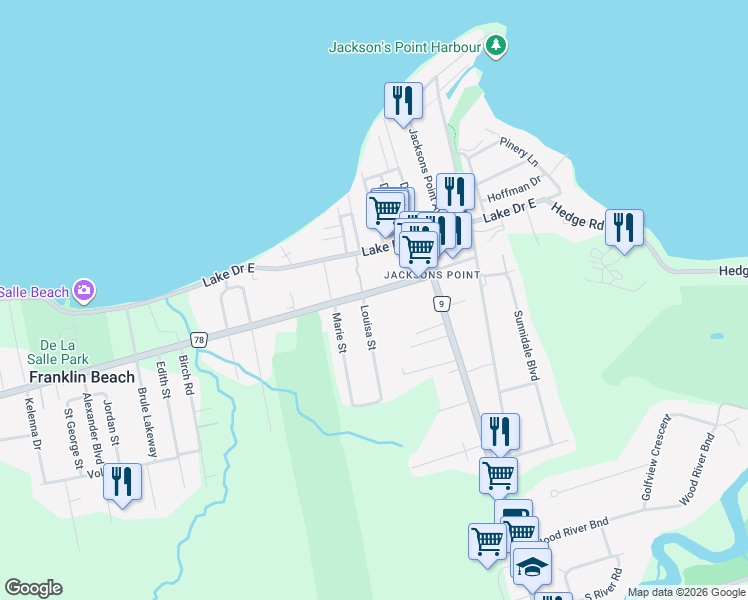 map of restaurants, bars, coffee shops, grocery stores, and more near 2081 Metro Road North in Georgina