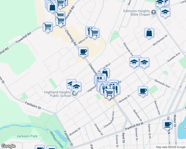 map of restaurants, bars, coffee shops, grocery stores, and more near 903 Chemong Road in Peterborough