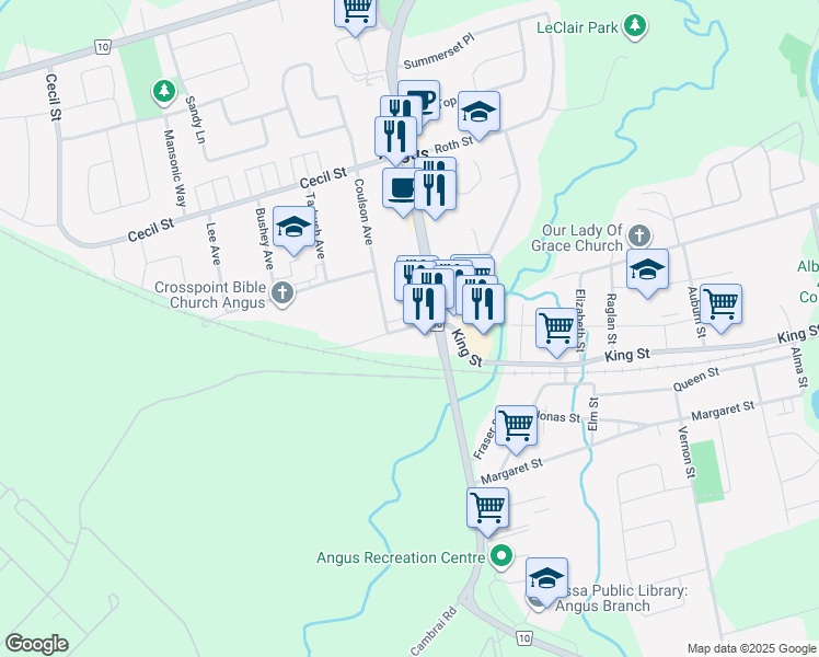 map of restaurants, bars, coffee shops, grocery stores, and more near 12 Pine River Road in Angus