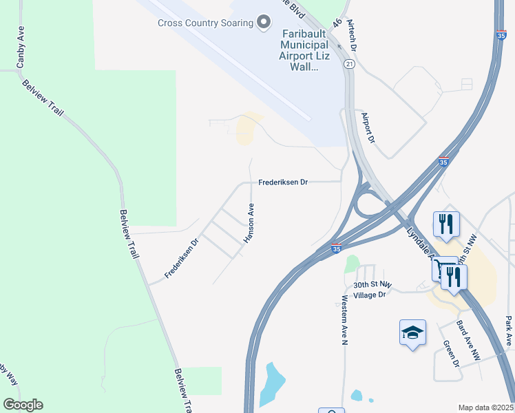 map of restaurants, bars, coffee shops, grocery stores, and more near 2718 Hanson Avenue in Faribault