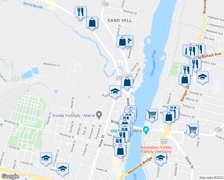 map of restaurants, bars, coffee shops, grocery stores, and more near 9 Boothby Street in Augusta