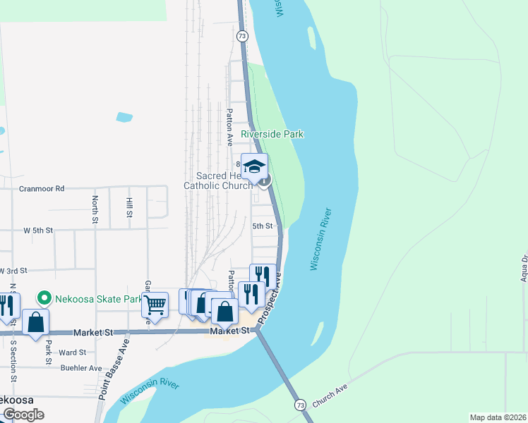 map of restaurants, bars, coffee shops, grocery stores, and more near 113 6th Street in Nekoosa