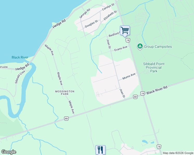map of restaurants, bars, coffee shops, grocery stores, and more near 56 Sandra Drive in Georgina