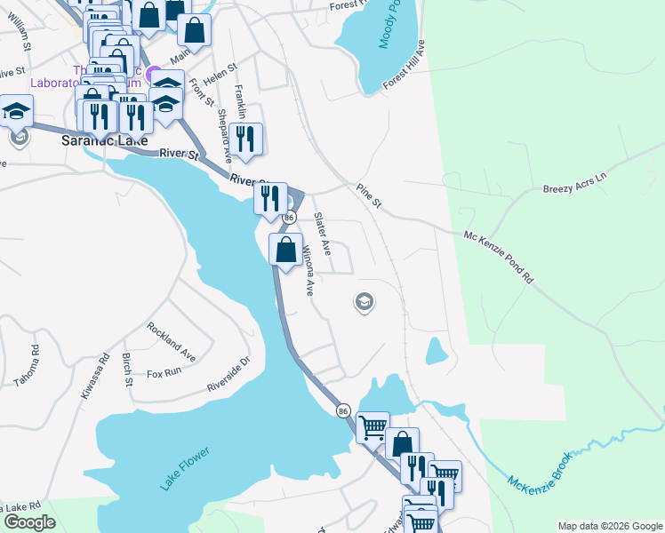 map of restaurants, bars, coffee shops, grocery stores, and more near 6 Slater Avenue in Saranac Lake