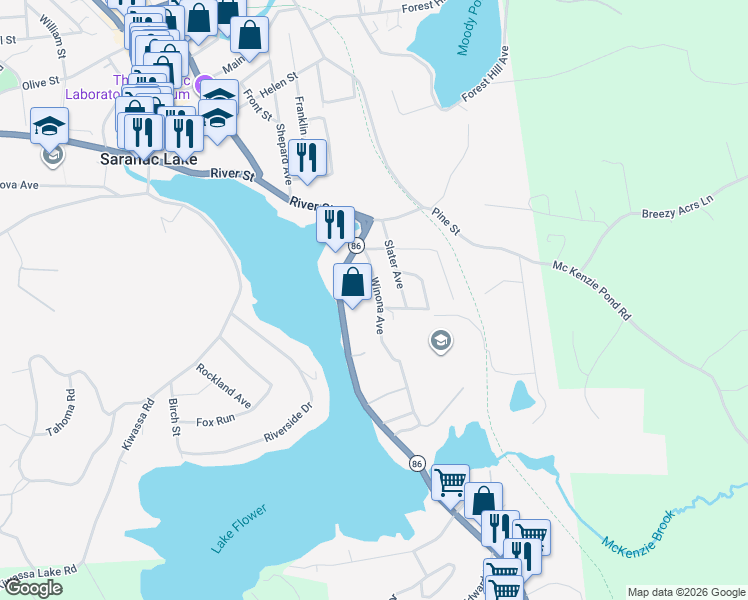 map of restaurants, bars, coffee shops, grocery stores, and more near 9 Winona Ave in Saranac Lake