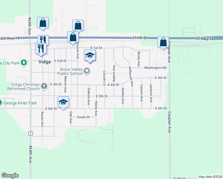 map of restaurants, bars, coffee shops, grocery stores, and more near 403 Adams Avenue in Volga