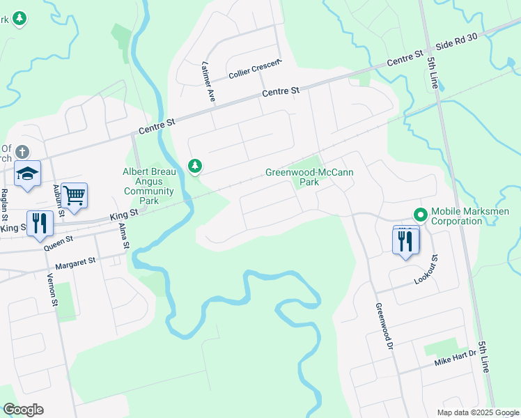 map of restaurants, bars, coffee shops, grocery stores, and more near Battalion Drive in Angus