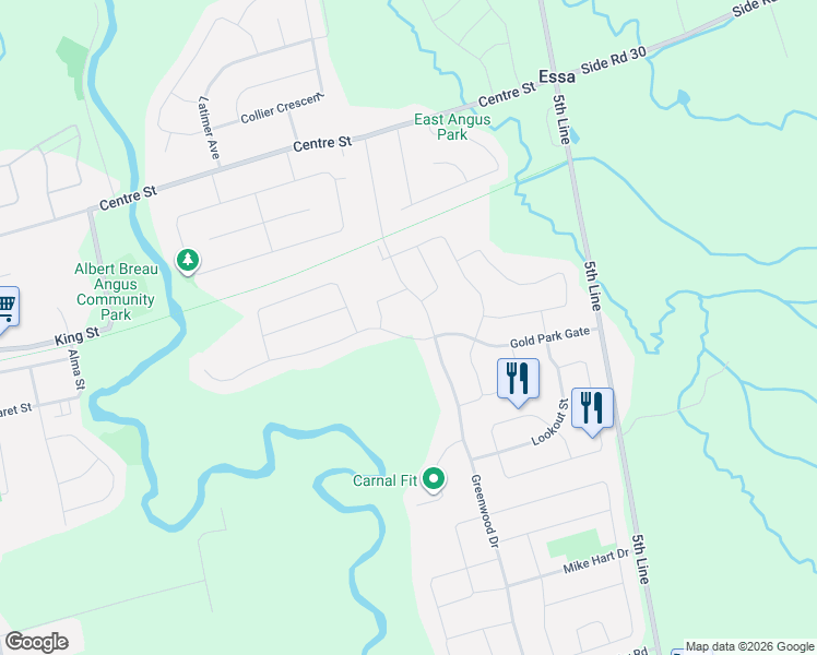 map of restaurants, bars, coffee shops, grocery stores, and more near 86 Gold Park Gate in Angus
