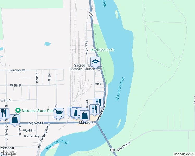 map of restaurants, bars, coffee shops, grocery stores, and more near 113 6th Street in Nekoosa