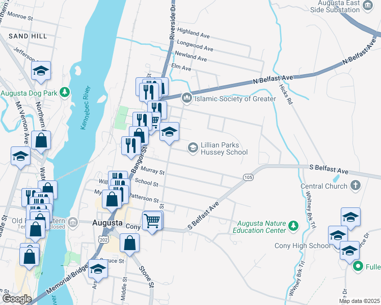 map of restaurants, bars, coffee shops, grocery stores, and more near 12 Gedney Street in Augusta