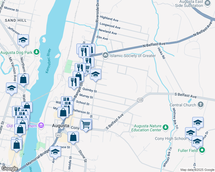 map of restaurants, bars, coffee shops, grocery stores, and more near 12 Gedney Street in Augusta