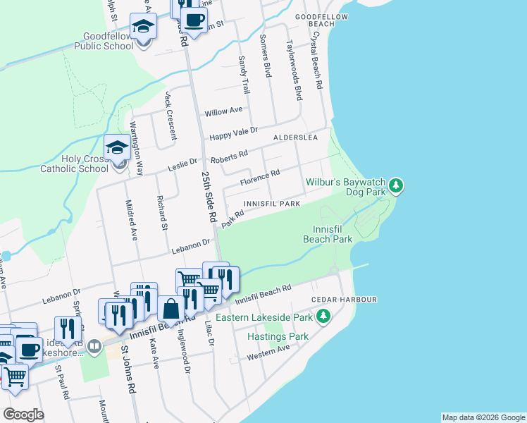 map of restaurants, bars, coffee shops, grocery stores, and more near 747 Park Road in Innisfil