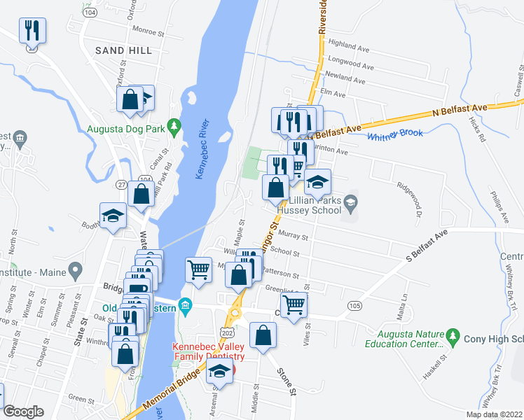 map of restaurants, bars, coffee shops, grocery stores, and more near 9 Linden Street in Augusta