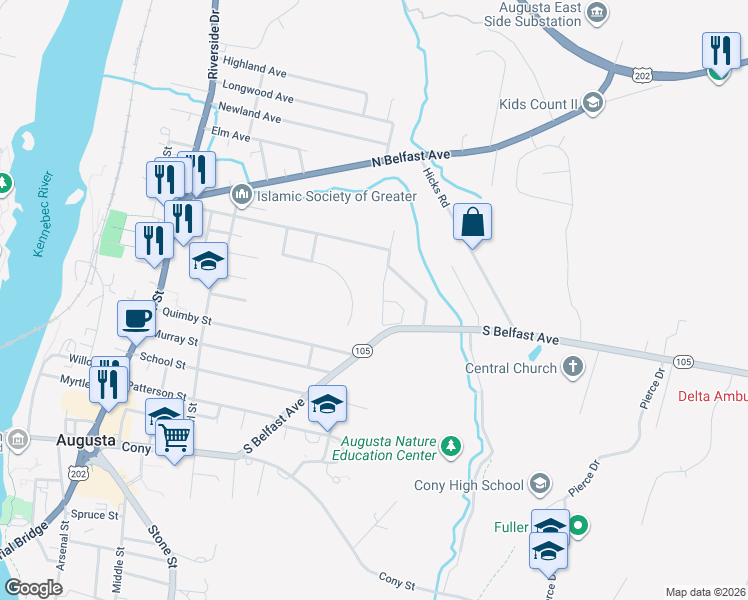 map of restaurants, bars, coffee shops, grocery stores, and more near 22 Greenwood Street in Augusta