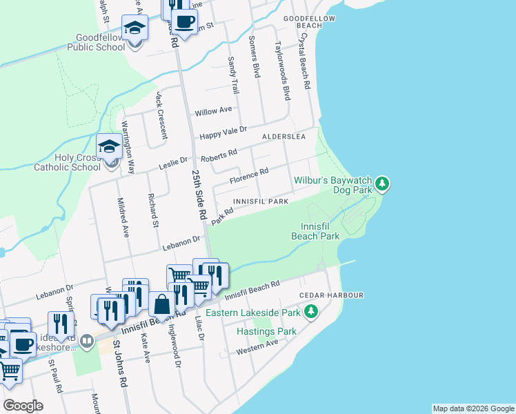 map of restaurants, bars, coffee shops, grocery stores, and more near 747 Park Road in Innisfil