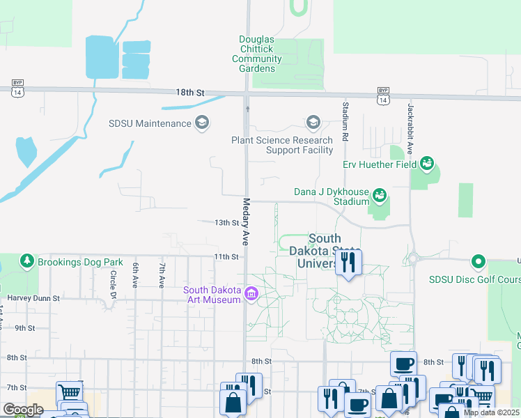map of restaurants, bars, coffee shops, grocery stores, and more near 1030 North Campus Drive in Brookings
