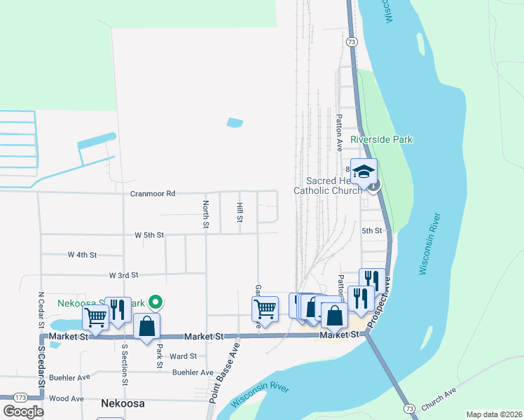 map of restaurants, bars, coffee shops, grocery stores, and more near 615 Garrison Avenue in Nekoosa