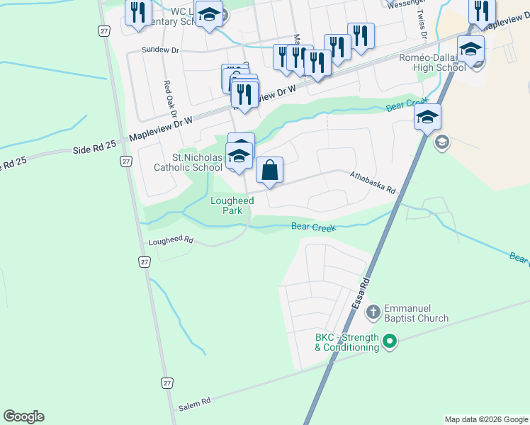 map of restaurants, bars, coffee shops, grocery stores, and more near 198 Columbia Road in Barrie