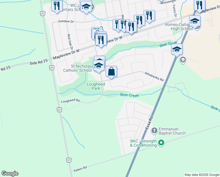 map of restaurants, bars, coffee shops, grocery stores, and more near 194 Columbia Road in Barrie
