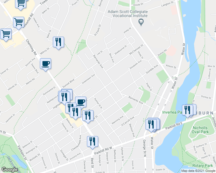 map of restaurants, bars, coffee shops, grocery stores, and more near 235 Bellevue Street in Peterborough