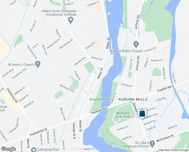 map of restaurants, bars, coffee shops, grocery stores, and more near 862 George Street North in Peterborough