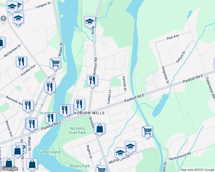 map of restaurants, bars, coffee shops, grocery stores, and more near 44 Leahys Lane in Peterborough