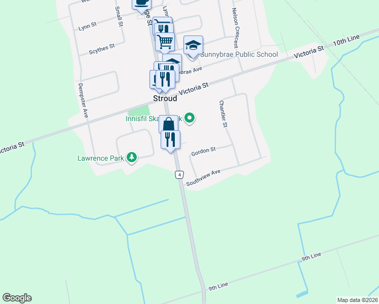 map of restaurants, bars, coffee shops, grocery stores, and more near 2177 Gordon Street in Innisfil