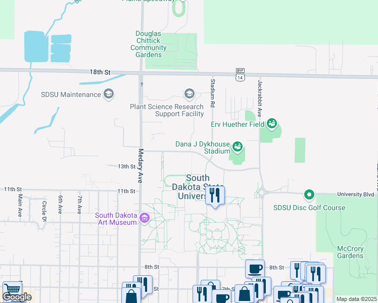 map of restaurants, bars, coffee shops, grocery stores, and more near 1401 North Campus Drive in Brookings