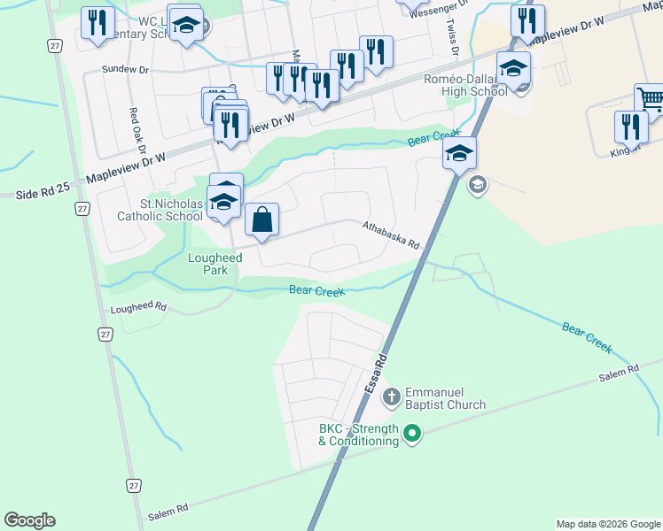 map of restaurants, bars, coffee shops, grocery stores, and more near 161 Columbia Road in Barrie