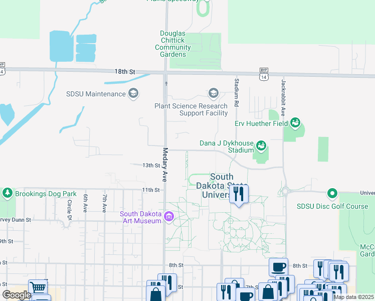 map of restaurants, bars, coffee shops, grocery stores, and more near 1030 North Campus Drive in Brookings