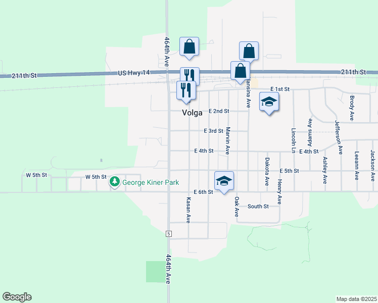 map of restaurants, bars, coffee shops, grocery stores, and more near 405 Kasan Avenue in Volga