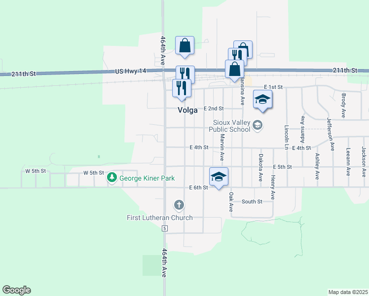 map of restaurants, bars, coffee shops, grocery stores, and more near 405 Kasan Avenue in Volga