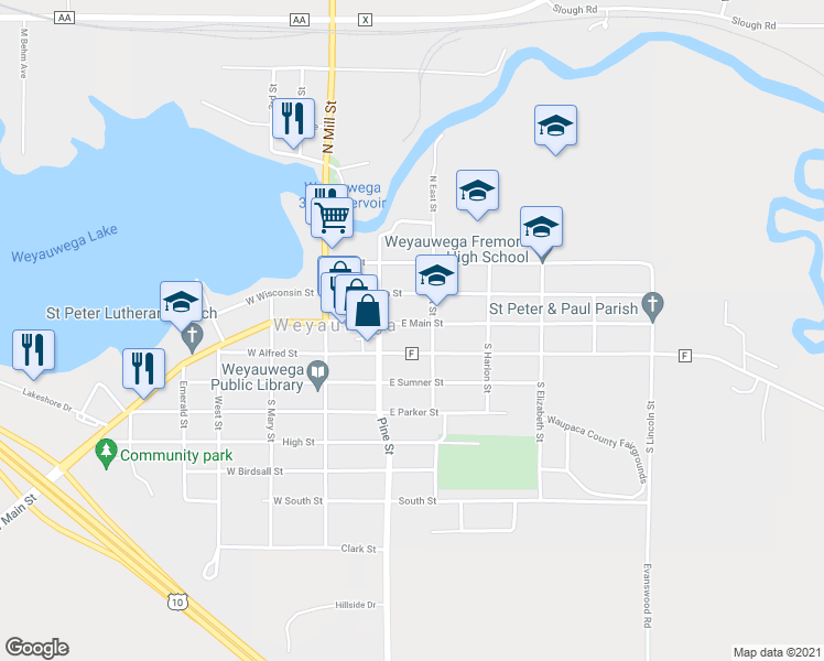 map of restaurants, bars, coffee shops, grocery stores, and more near 215 East Main Street in Weyauwega