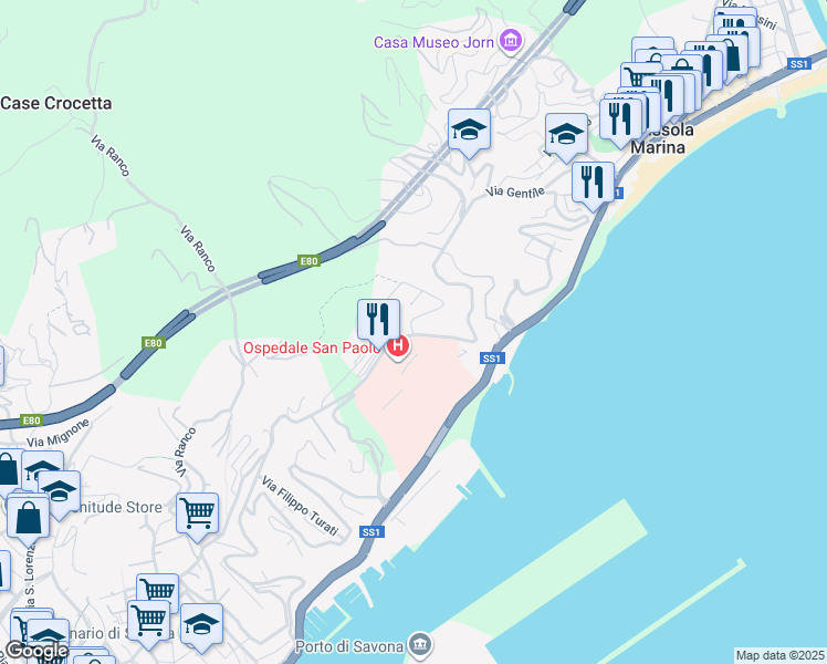 map of restaurants, bars, coffee shops, grocery stores, and more near 36A Via Genova in Savona
