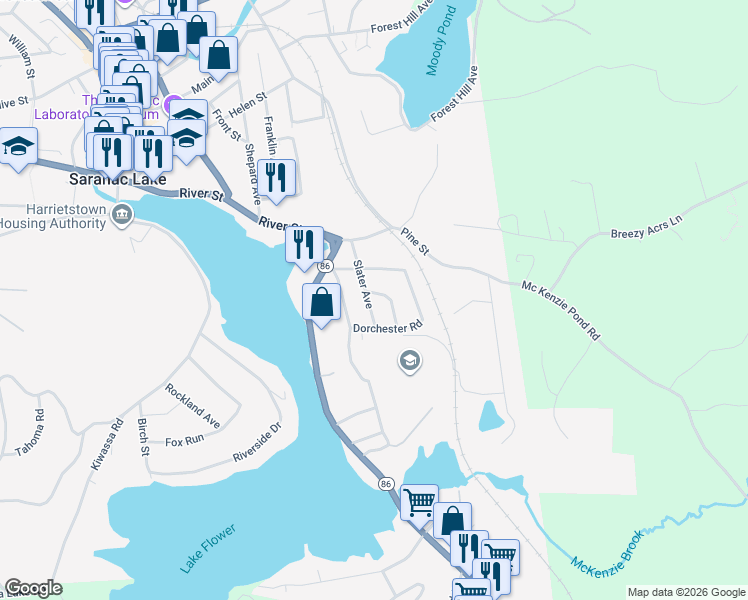 map of restaurants, bars, coffee shops, grocery stores, and more near 44 Slater Avenue in Saranac Lake