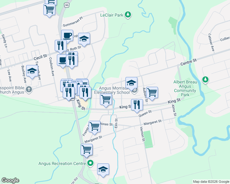 map of restaurants, bars, coffee shops, grocery stores, and more near 8 Centre Street in Angus