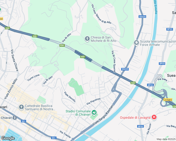 map of restaurants, bars, coffee shops, grocery stores, and more near 41 Via Privata Comignano in Chiavari
