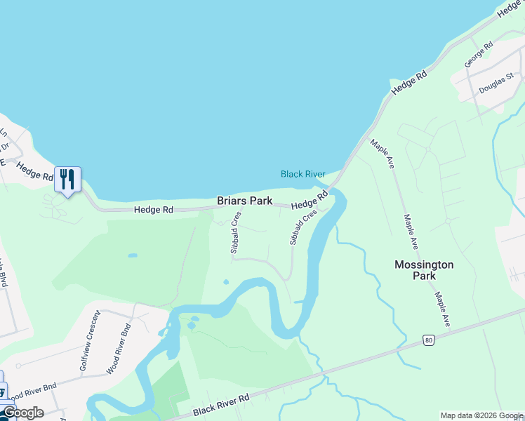map of restaurants, bars, coffee shops, grocery stores, and more near 176 Hedge Road in Georgina