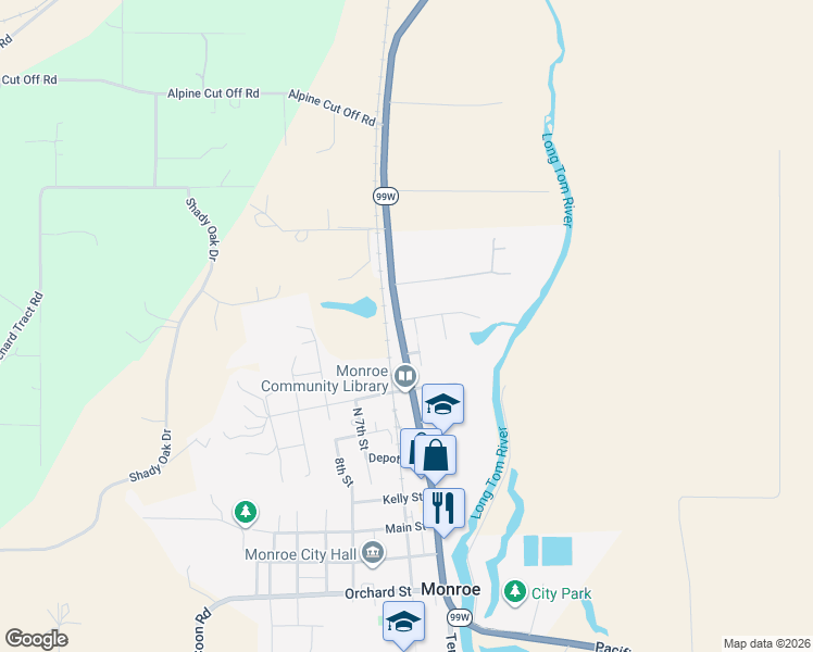 map of restaurants, bars, coffee shops, grocery stores, and more near 440 Oak Street in Monroe
