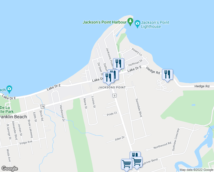 map of restaurants, bars, coffee shops, grocery stores, and more near 2100 Metro Road North in Georgina