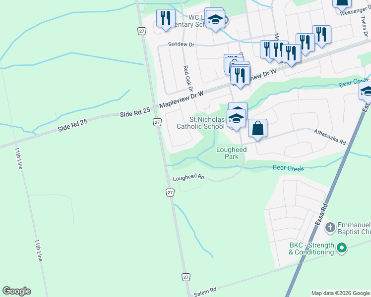 map of restaurants, bars, coffee shops, grocery stores, and more near 53 Logan Court in Barrie