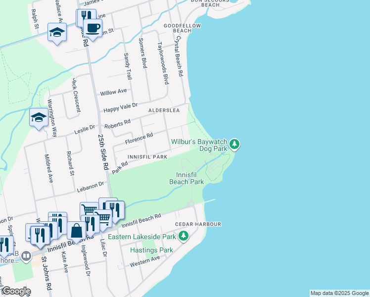 map of restaurants, bars, coffee shops, grocery stores, and more near 684 Park Road in Innisfil