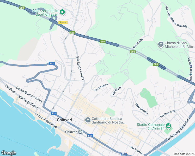 map of restaurants, bars, coffee shops, grocery stores, and more near 1 Via Ri Alto in Chiavari
