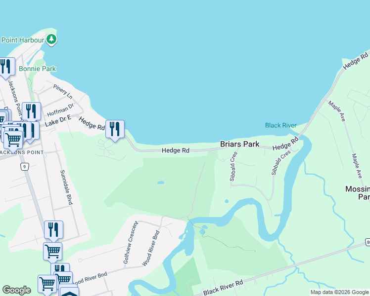 map of restaurants, bars, coffee shops, grocery stores, and more near 110 Hedge Road in Georgina