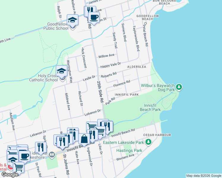 map of restaurants, bars, coffee shops, grocery stores, and more near in Innisfil